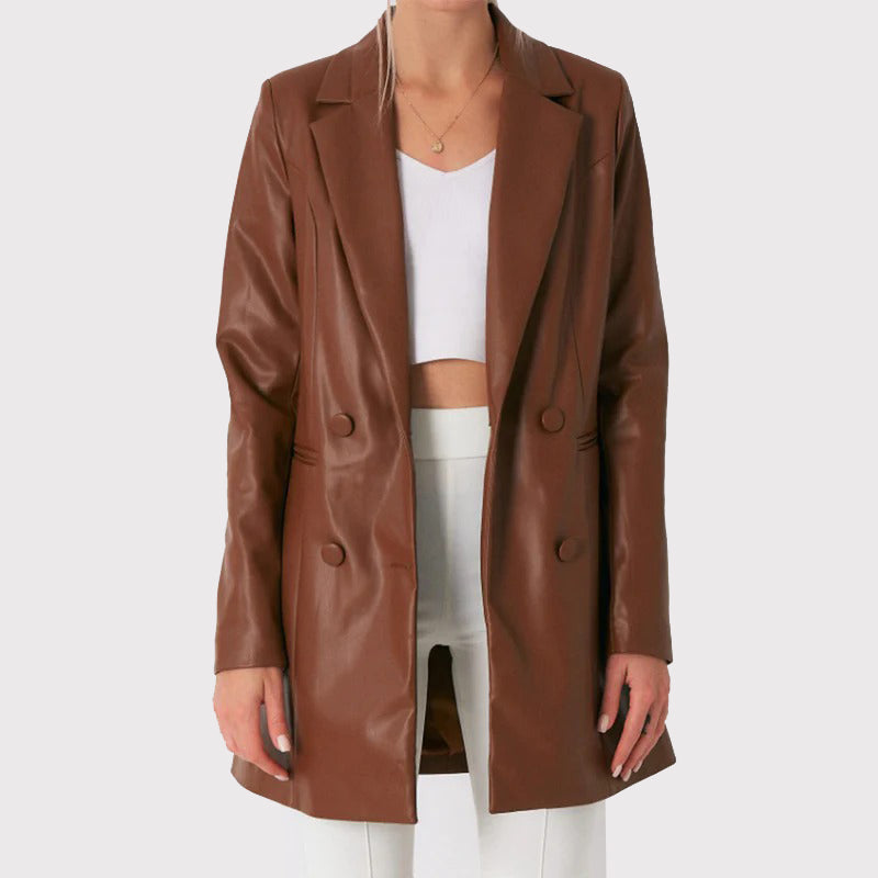 Brown Lambskin Leather Long Coat for Women