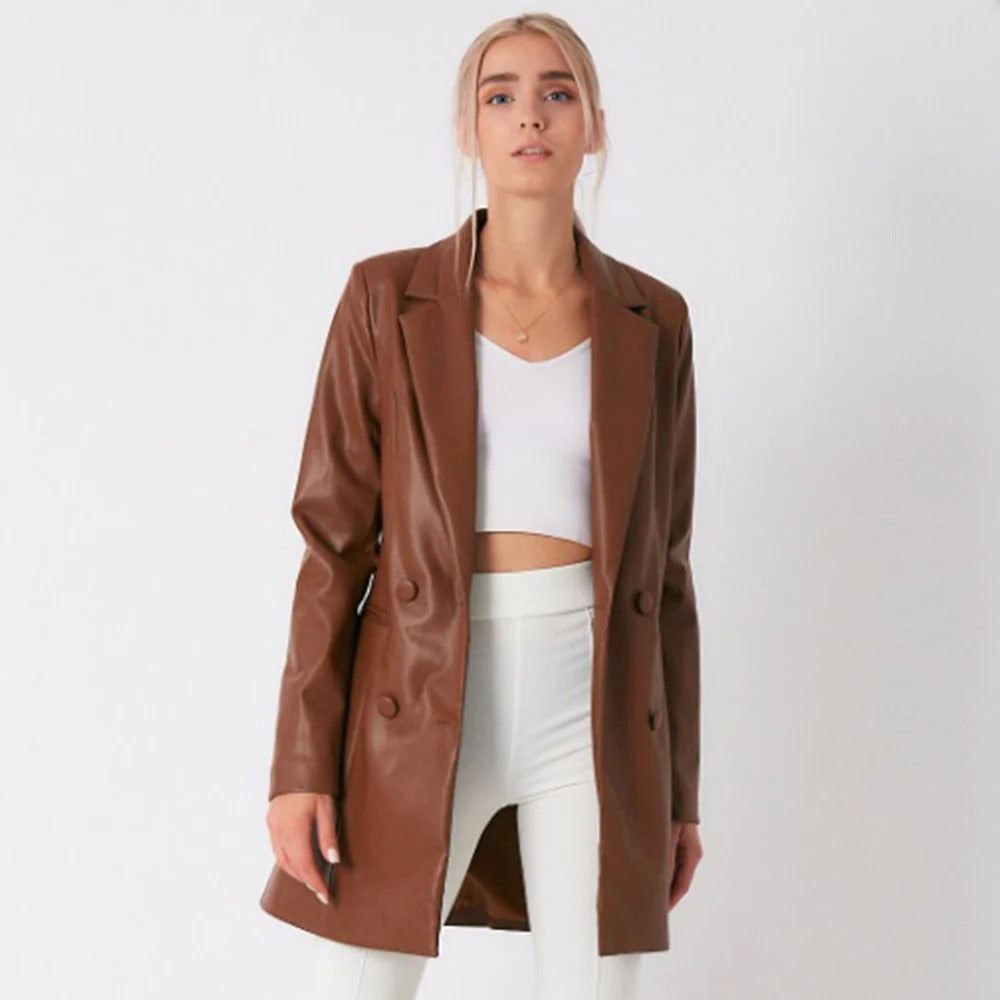 Brown Lambskin Leather Long Coat for Women