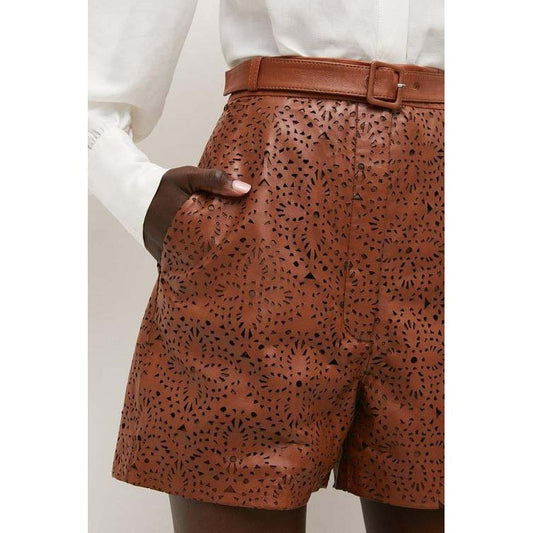 Women's Brown Patterned High-Waist Leather Shorts