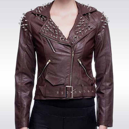 Women’s Studded Brown Leather Jacket - Slim Punk Style