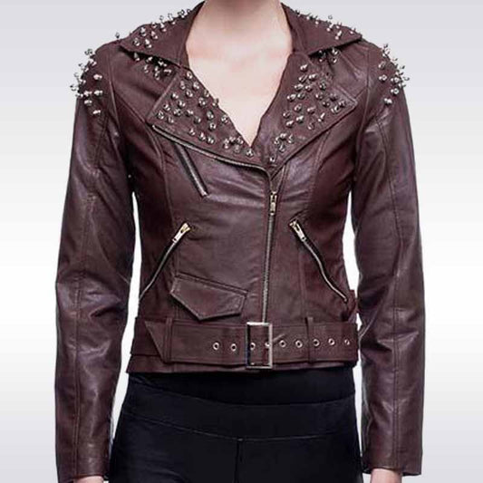 Women’s Studded Brown Leather Jacket - Slim Punk Style