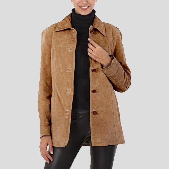 Brown Suede Leather Car Coat for Women | Classic and Versatile