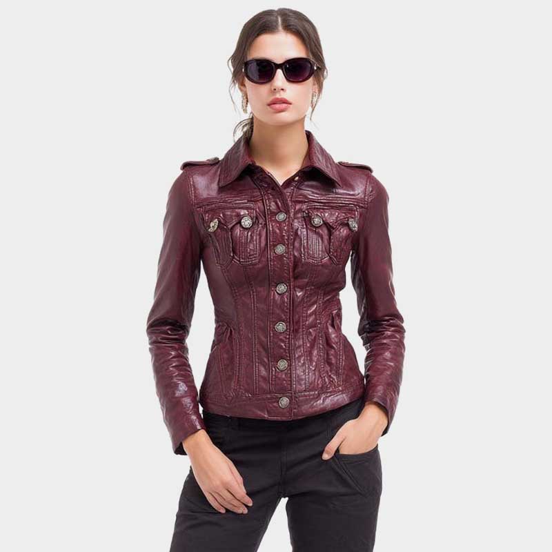 Women's burgundy genuine leather jacket with slim fit silhouette and button-front closure