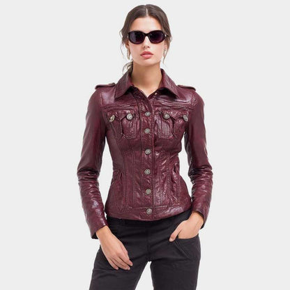 Women's burgundy genuine leather jacket with slim fit silhouette and button-front closure