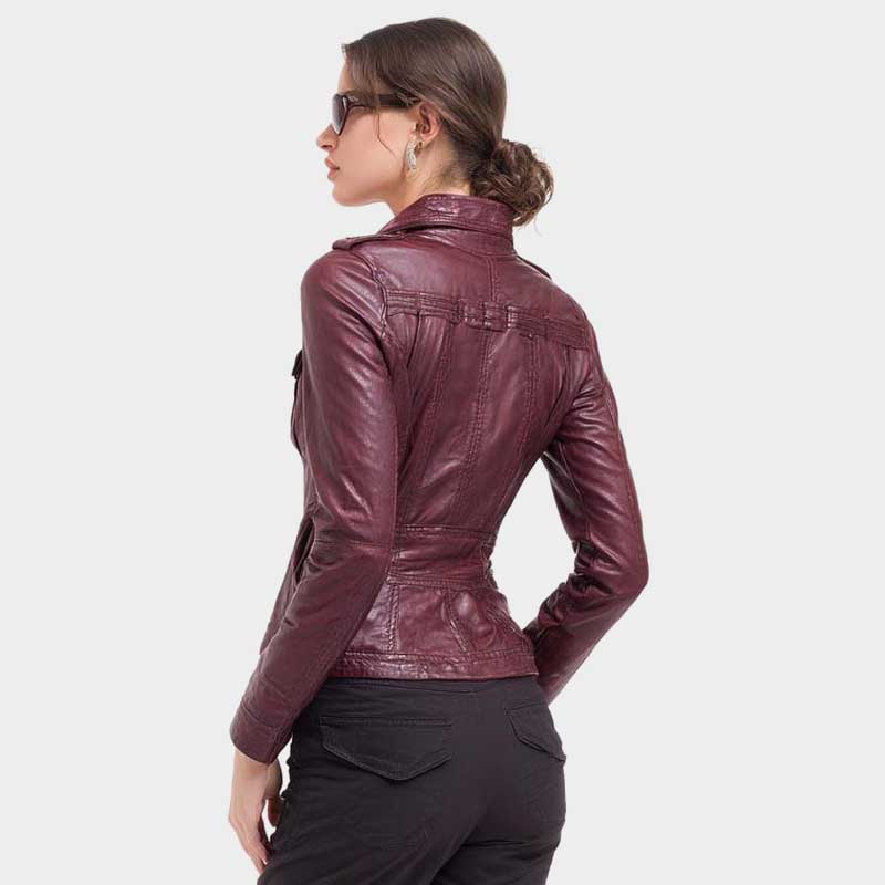 Premium burgundy leather coat featuring structured collar and decorative chest pockets