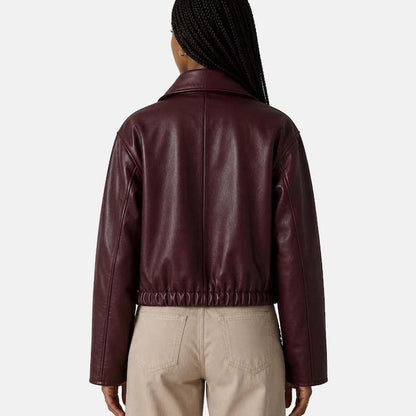 Burgundy wine-colored oversized leather jacket with zipper closure