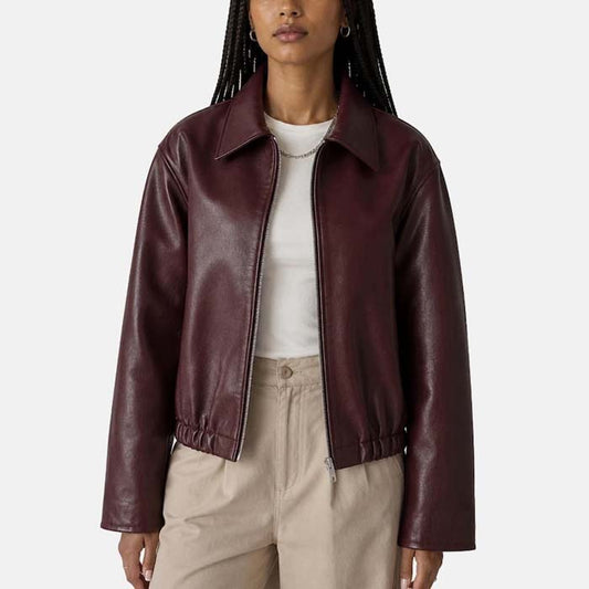 Women’s burgundy oversized genuine leather bomber jacket