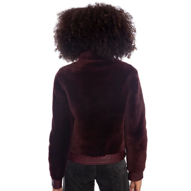 Women's Burgundy Shearling Jacket - Short Style