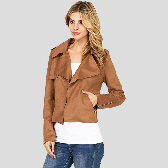 Women's Camel Casual Suede Leather Moto Jacket