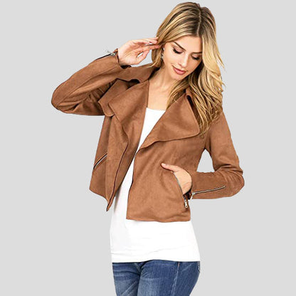 Camel Casual Suede Leather Moto Jacket for Women