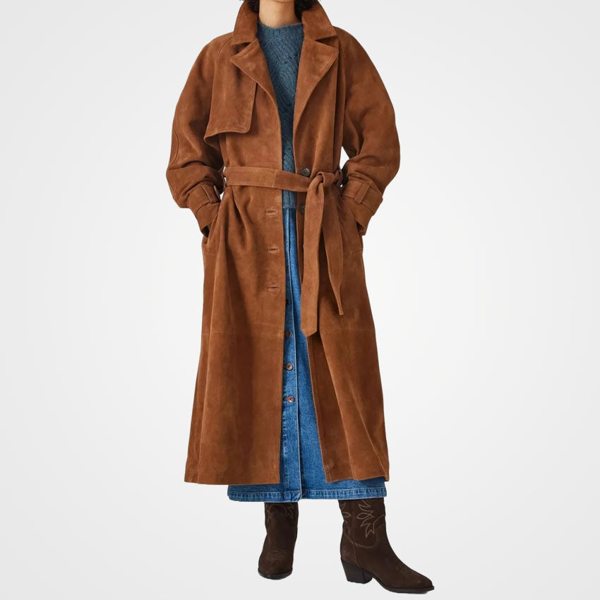 Women's Camel Suede Trench Coat - Elegant Long Coat