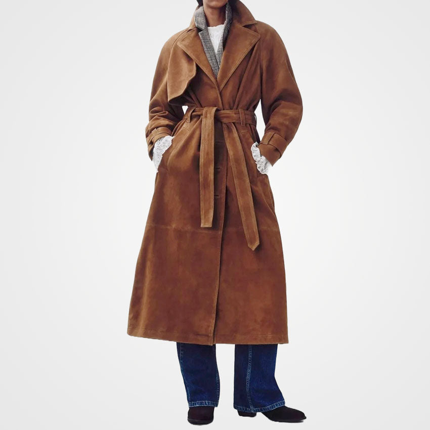 Women's Camel Suede Trench Coat - Elegant Long Coat