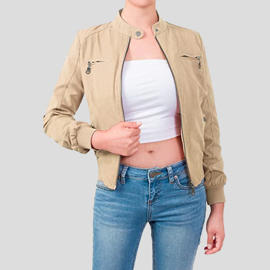 Casual Suede Ribbed Hem Zip Up Bomber Jacket for Women