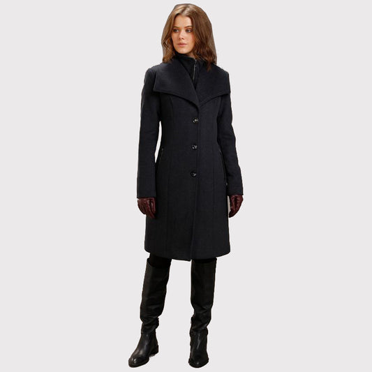 Women's Charcoal Wool Coat with Double Collar