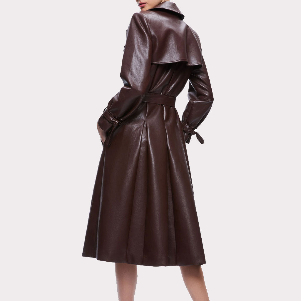 Fall 2023 Women's Chocolate Brown Leather Trench Coat