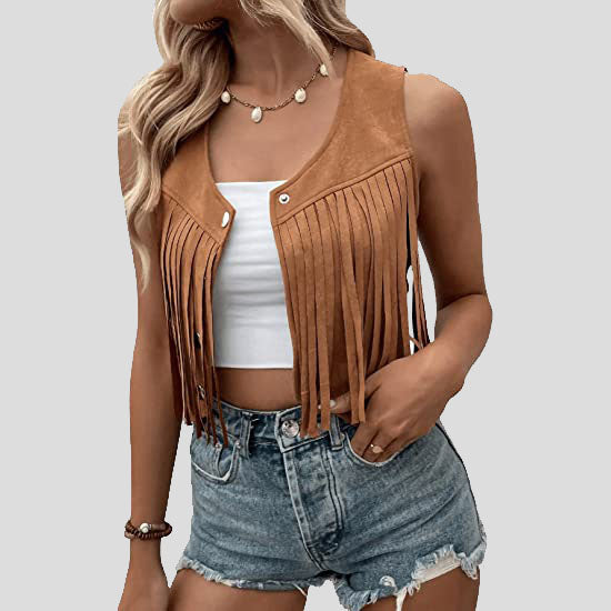 Women's Coffee Brown Suede Fringe Trim Sleeveless Crop Vest