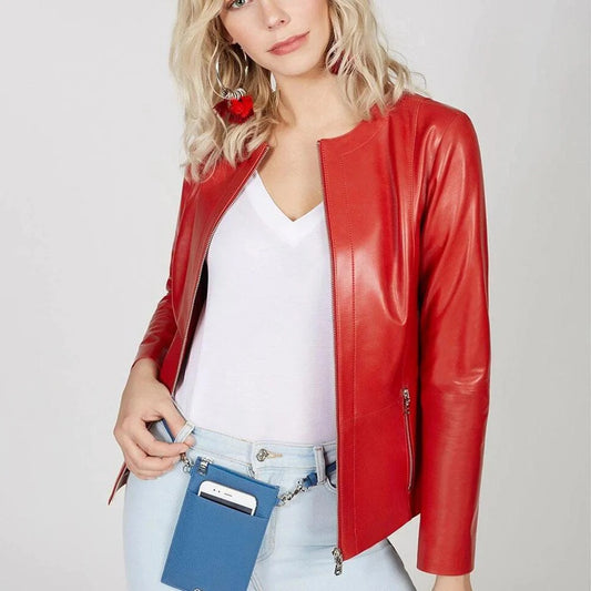 Women's Collarless Red Leather Blazer Jacket
