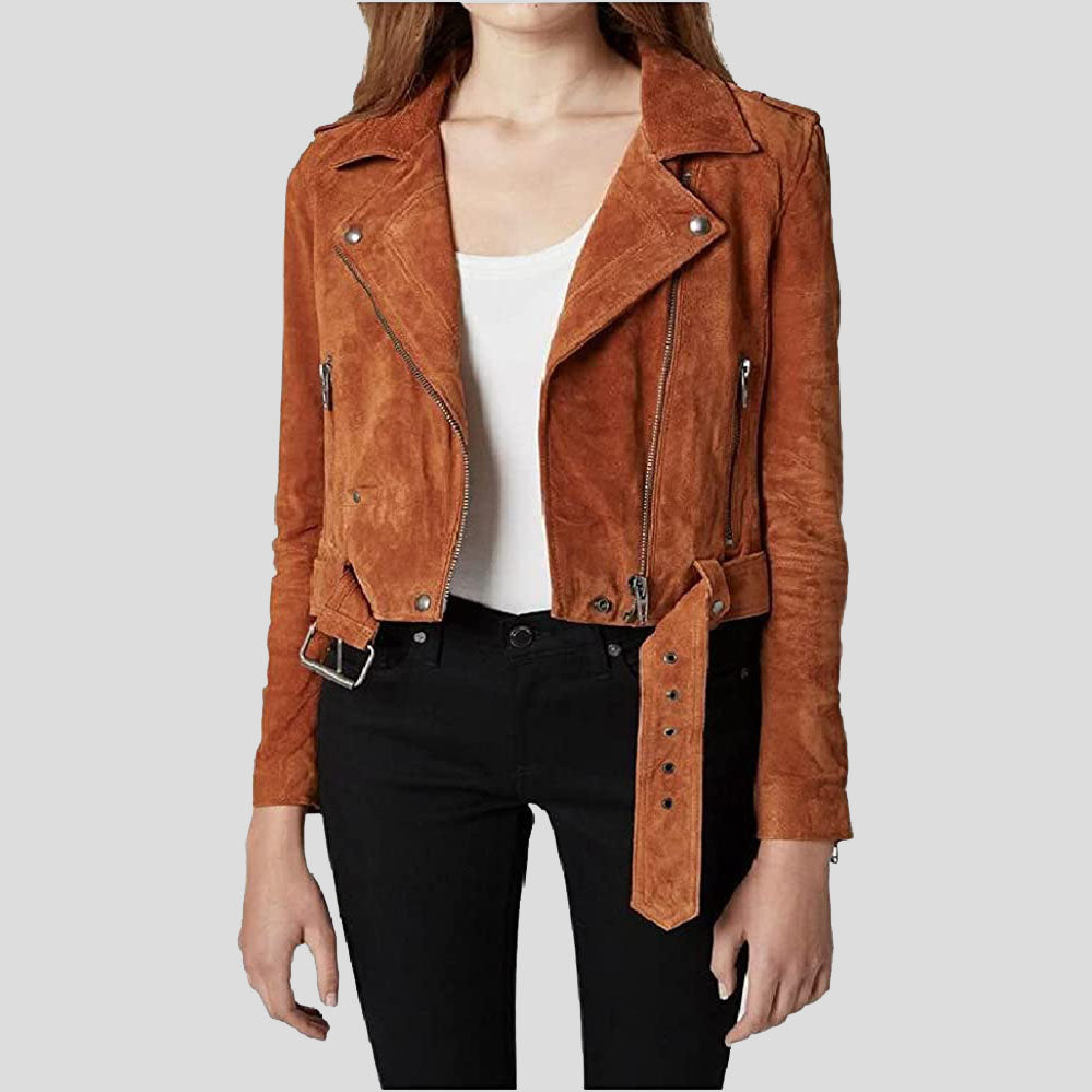 Women's Cropped Suede Leather Motorcycle Jacket