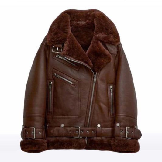 Women’s Dark Brown Belted B3 Shearling Leather Jacket