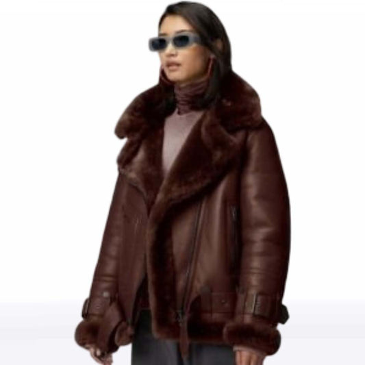Women’s Dark Brown Belted B3 Shearling Leather Jacket
