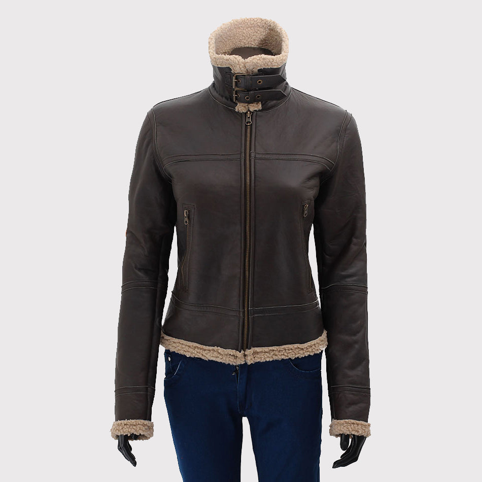 Chic Dark Brown Leather Shearling Bomber Jacket for Women