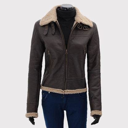 Chic Dark Brown Leather Shearling Bomber Jacket for Women