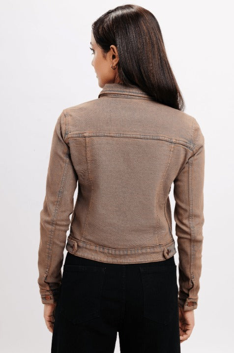 Women’s Distressed Denim Trucker Jacket - Brown Casual Style