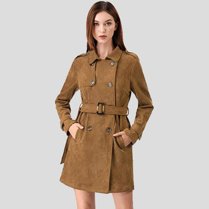 Women's Double Breasted Suede Trench Coat Jacket with Belt