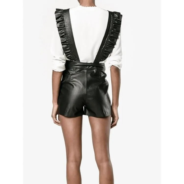 Women's Elegant One Piece Black Leather Romper Shorts - Chic and Sophisticated