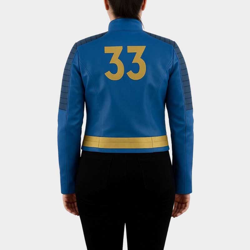Premium leather gaming costume jacket featuring rich blue body with gold detailing and "33" emblem