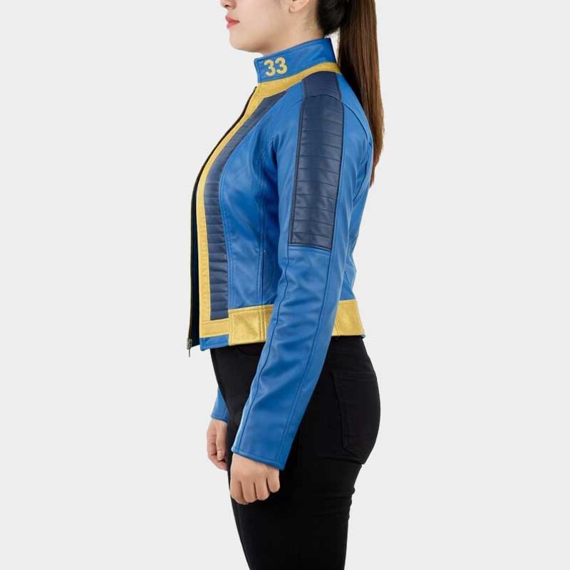 Vault inspired cosplay jacket with padded armored paneling and stand-up collar for women