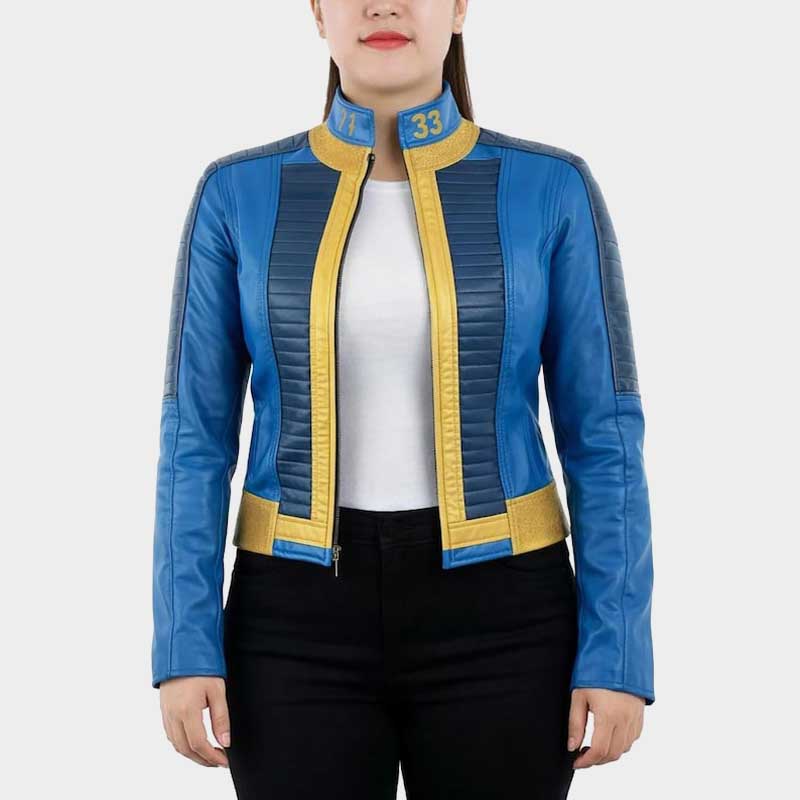 Women's Fallout 33 blue and gold leather cosplay jacket with Vault inspired design and padded shoulders