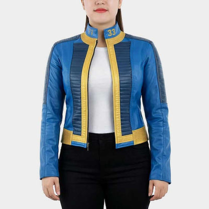 Women's Fallout 33 blue and gold leather cosplay jacket with Vault inspired design and padded shoulders