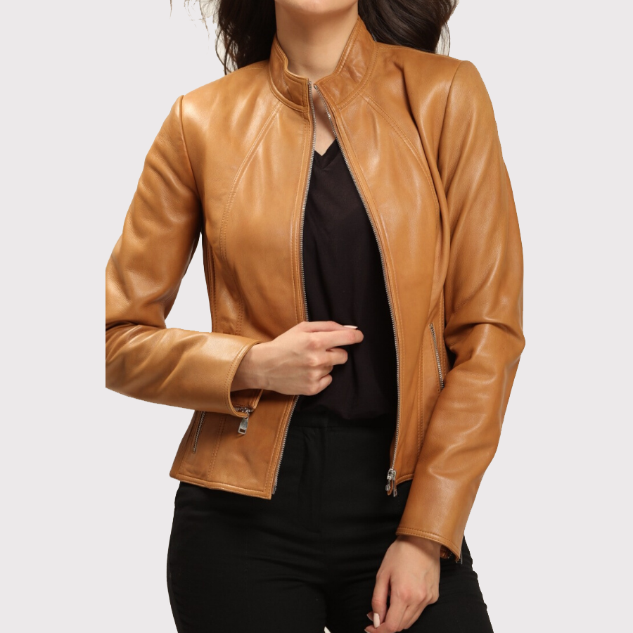 Women's Fashionable Tan Lambskin Jacket