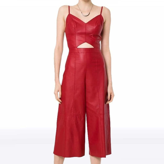 Women’s Glamorous Red Sheepskin Leather Jumpsuit - Jackets Kingdom