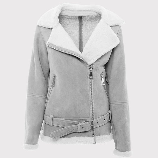 Chic Grey Suede Shearling Jacket for Women