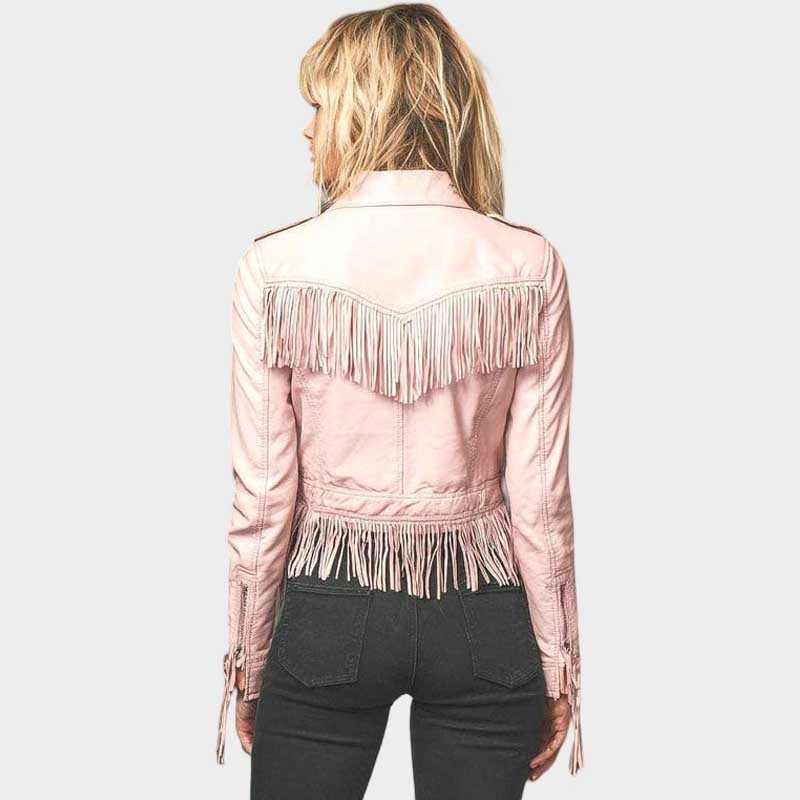 Genuine pink leather jacket featuring delicate fringe detailing on front, back and sleeves
