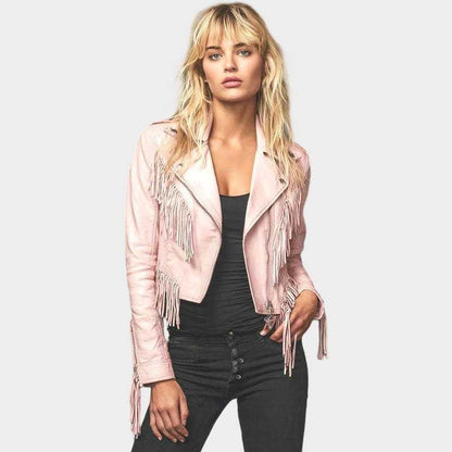 Women's handmade pink leather fringe jacket with cropped fit and Western biker style