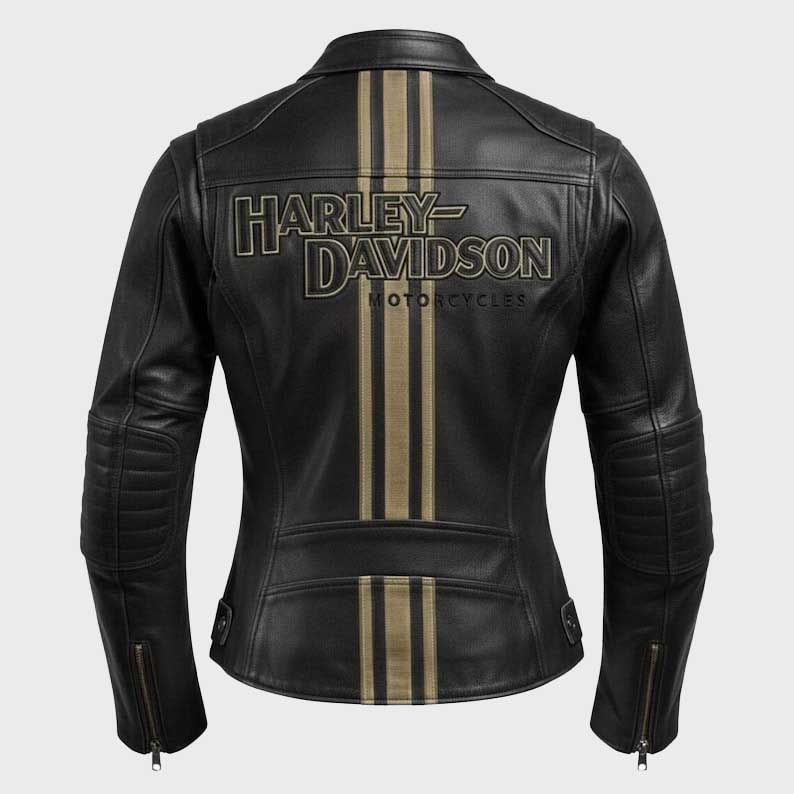 Back view of Women's Harley Davidson Triple Vent Genuine Cowhide Leather Biker Jacket showing handcrafted stitching and silhouette design by Jackets Kingdom