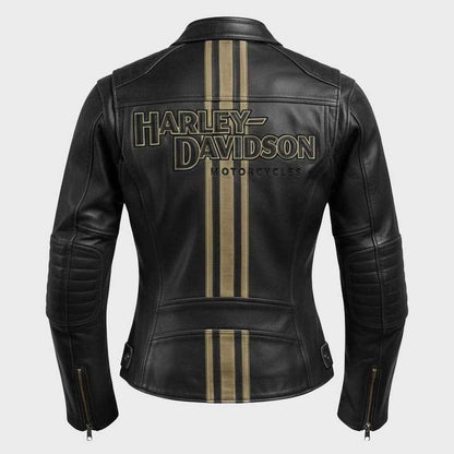Back view of Women's Harley Davidson Triple Vent Genuine Cowhide Leather Biker Jacket showing handcrafted stitching and silhouette design by Jackets Kingdom