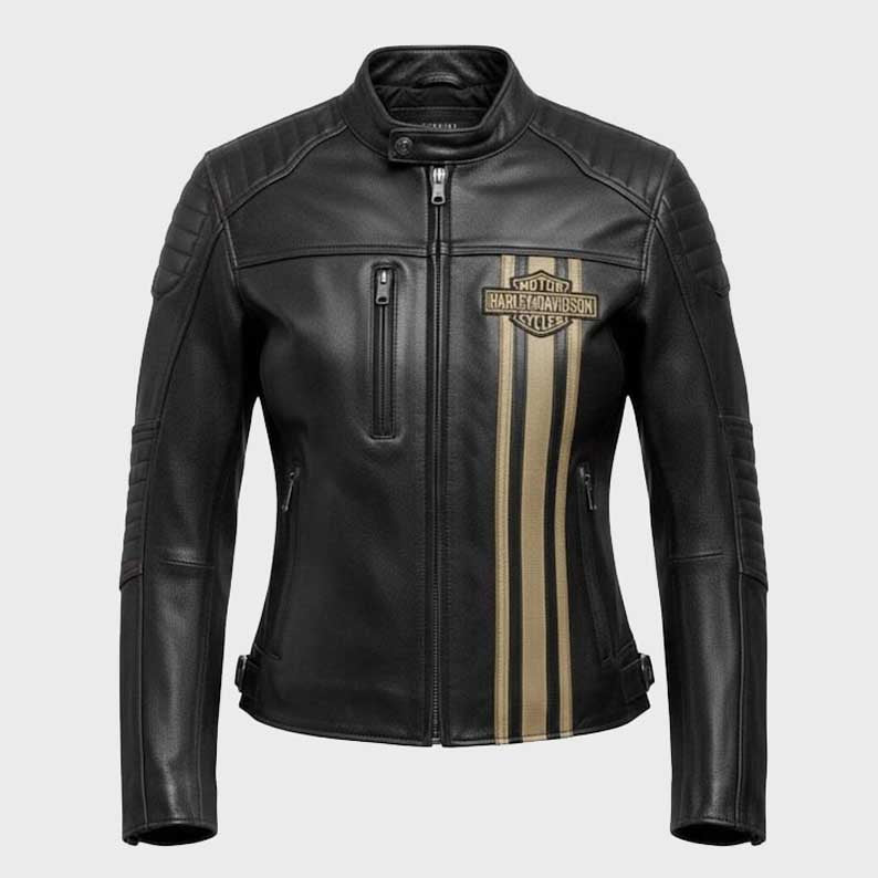Front view of Women's Harley Davidson Triple Vent Genuine Cowhide Leather Biker Jacket showing full zip closure and feminine tailored fit by Jackets Kingdom