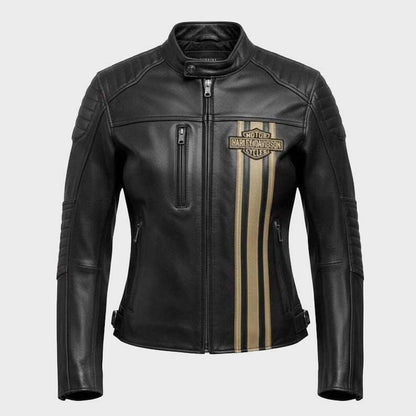 Front view of Women's Harley Davidson Triple Vent Genuine Cowhide Leather Biker Jacket showing full zip closure and feminine tailored fit by Jackets Kingdom