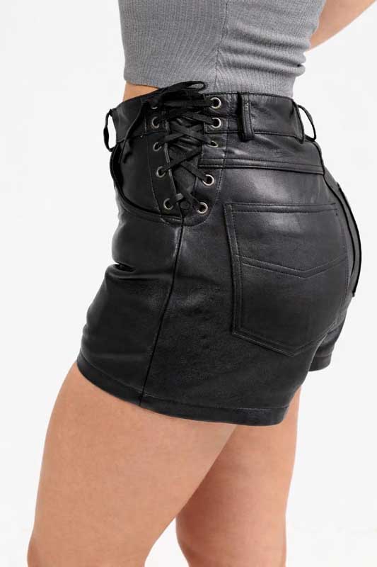 Womens High Waisted Black Real Leather Lace Up Shorts