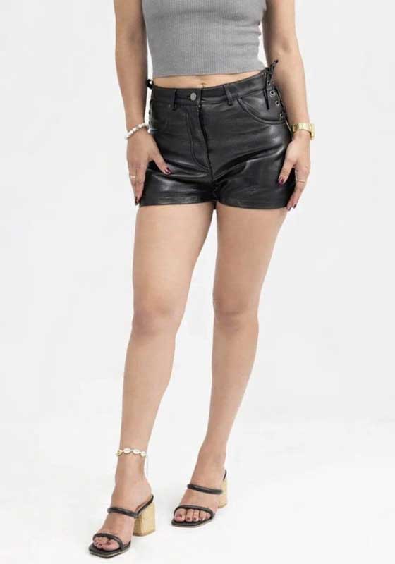 Womens High Waisted Black Real Leather Lace Up Shorts