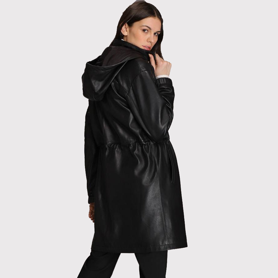 Women's Hooded Black Lamb Leather Coat