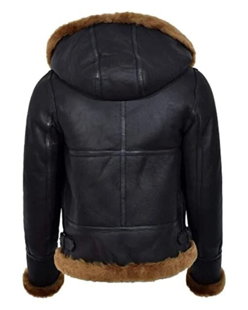 Women's Hooded Black Sherpa Leather Aviator Jacket