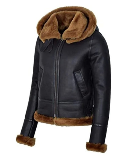 Women's Hooded Black Sherpa Leather Aviator Jacket