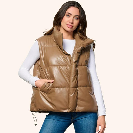 Women Khaki Sleeveless Puffer Vest – Zip-Up with Pockets