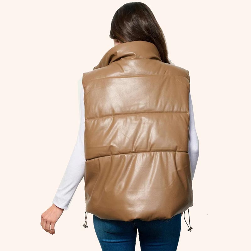 Women Khaki Sleeveless Puffer Vest – Zip-Up with Pockets