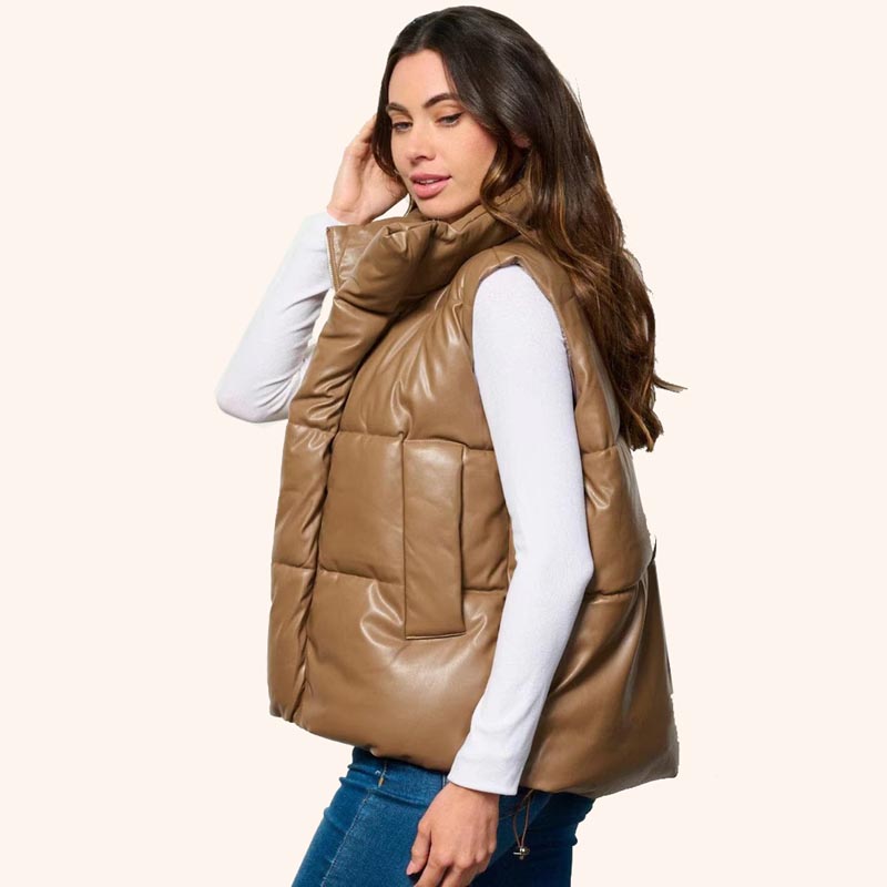 Women Khaki Sleeveless Puffer Vest – Zip-Up with Pockets